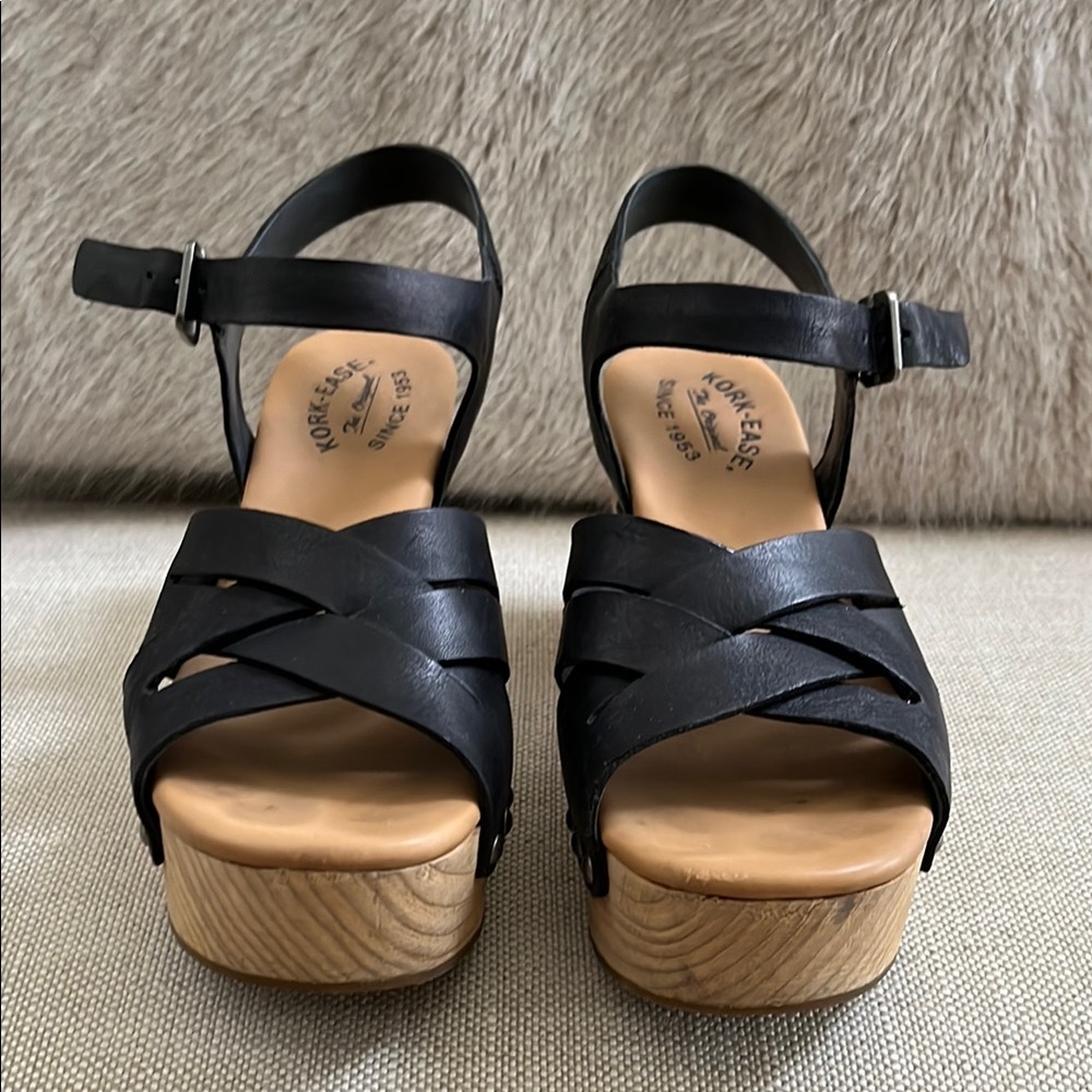 Kork-Ease Black Platform Sandals with Leather Straps